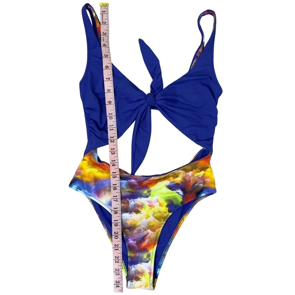 Zuiki Reversible One‎ Piece Swimsuit Blue Abstract Cloud Print Cutout Tie Front